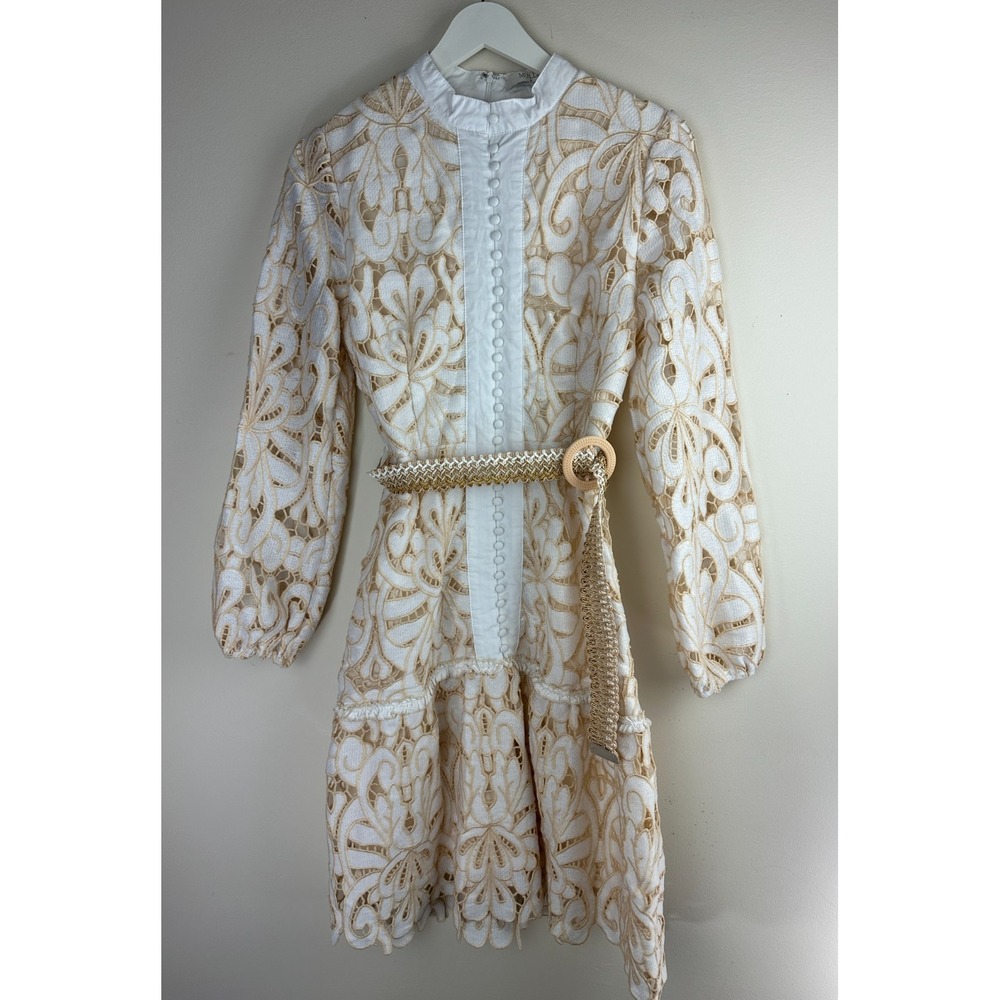 Mulla Embroidery Floral Lace Mock Neck Long Sleeve Mini Dress Ivory Belted Small - Picture 2 of 14